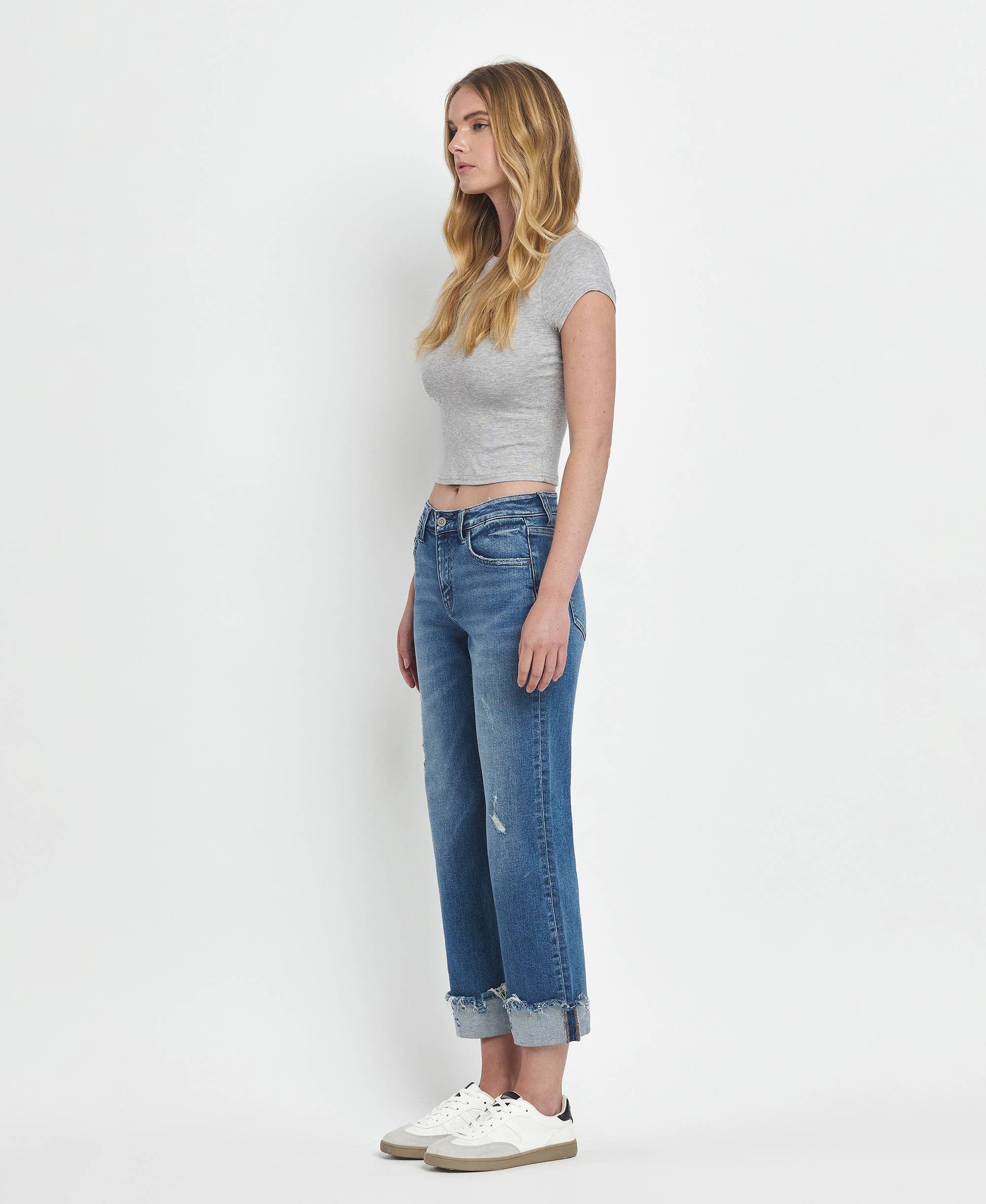 MID RISE RAW CUFFED HEM SLIM WIDE JEANS