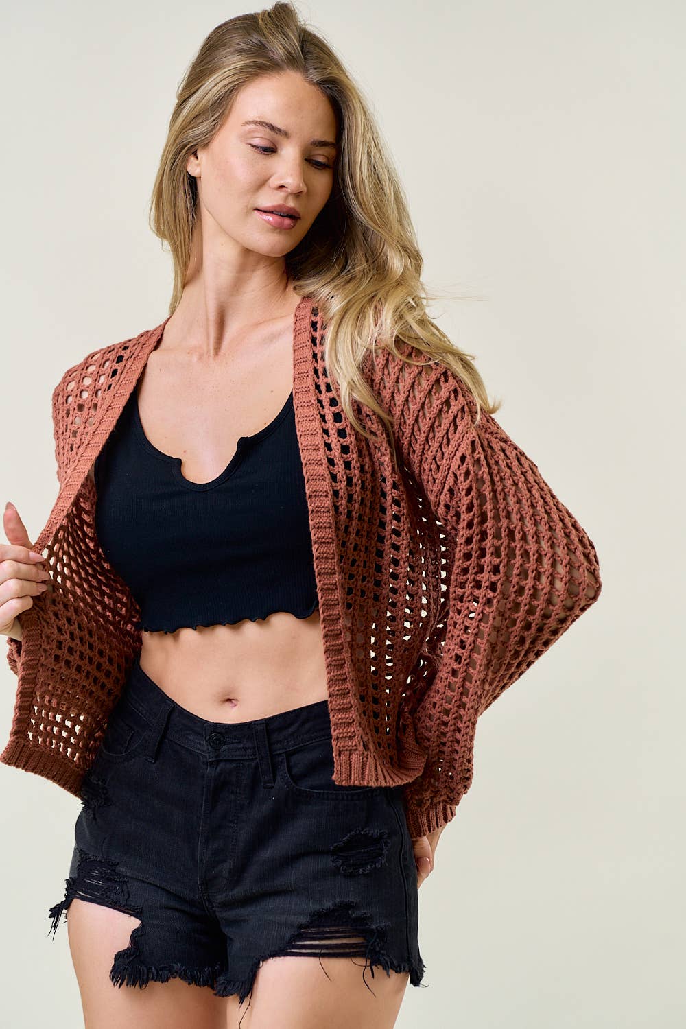 CROCHET FISHNET CROPPED OPEN CARDIGAN