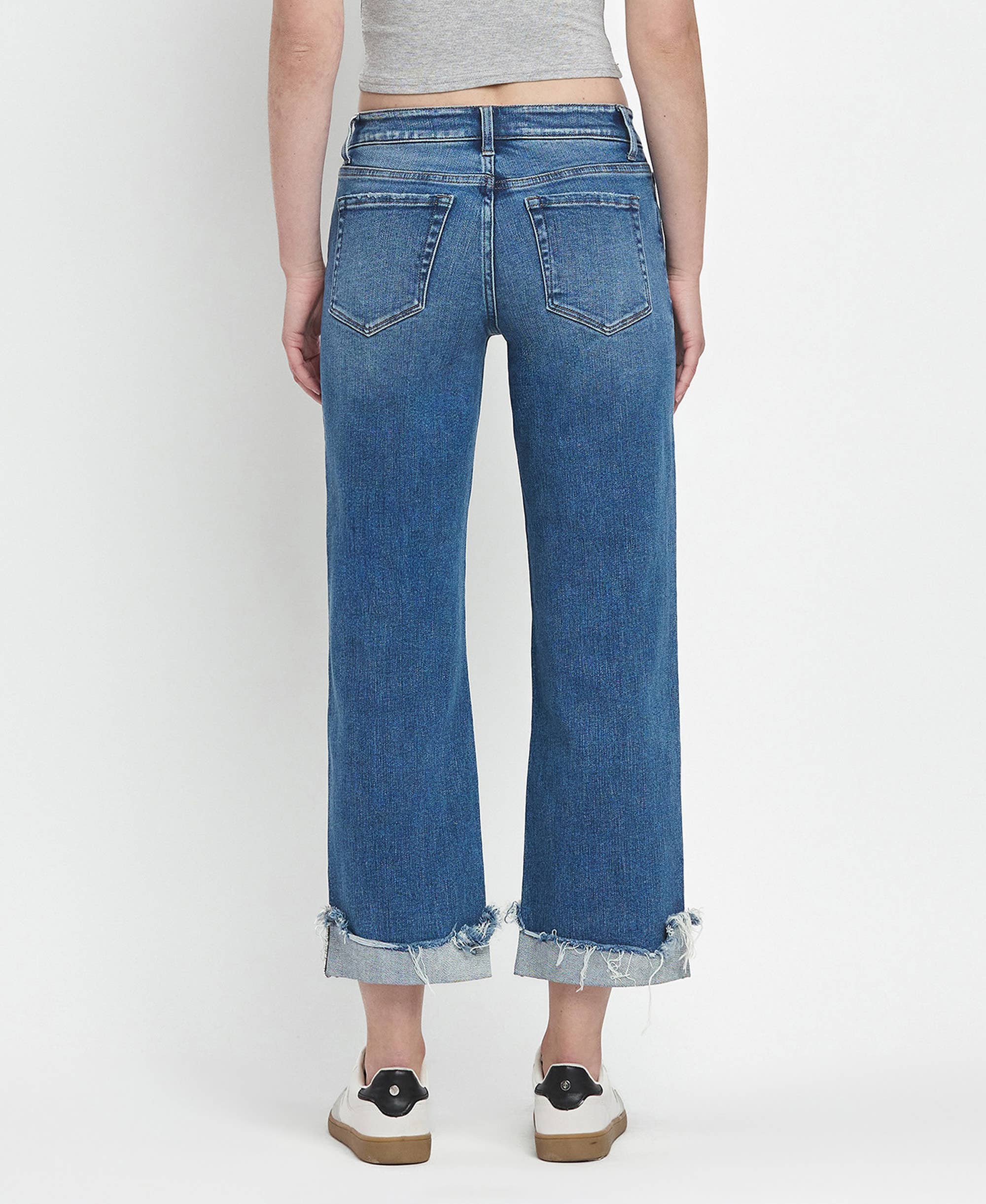 MID RISE RAW CUFFED HEM SLIM WIDE JEANS